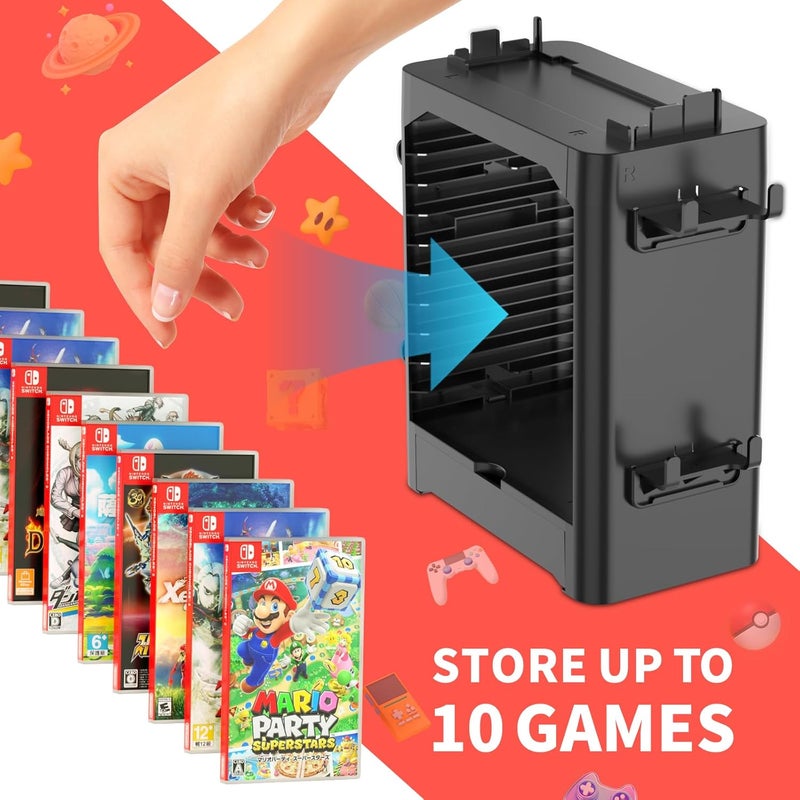 HalaGong Multifunctional Game Disk Storage Tower for Nintendo Switch/OLED, Organizer Station with 10 Game Case Slot, Controller Stand with 4 Controller Rack Holder and Joy-Con Drawer for Switch Accessories - Image 4